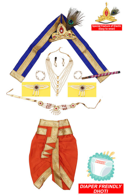 Raj Fancy Baby Krishna Orange and Blue Brocade Fabric Janmashtami Mythological Character Costume