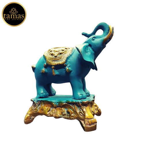 Tamas Brass Handcrafted Ethnic Elephant Showpiece Trunk Up Statue / Idol with Antique Finish (Golden & Blue) (Pack of 1)