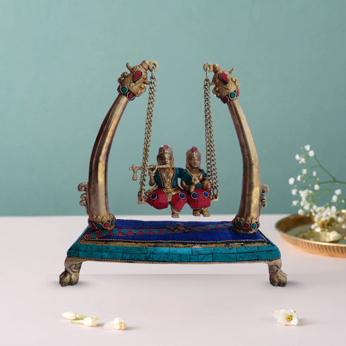 Brass Radha Krishna Jhula Stone God Statue 3.326Kg