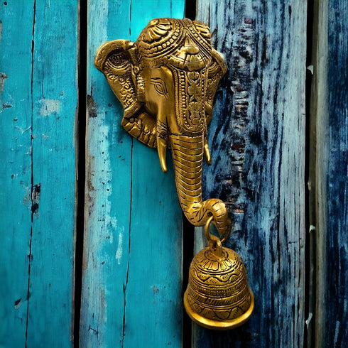 Tamas Brass Lord Ganesh/Ganesha Mask with Bell Wall Hanging Golden)