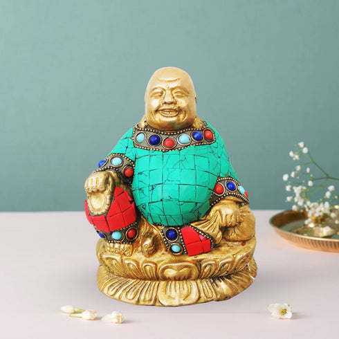 Brass Laughing Buddha Statue With Turquoise Coral 1.205Kg