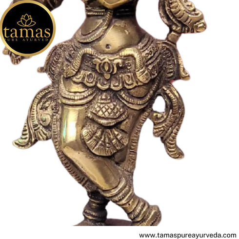 Tamas Brass Handcrafted Flute Playing Krishna with Peacock Statue / Idol with Antique Finish (Pack of 1)