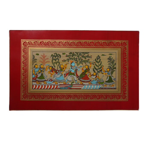 Palm Leaf Handmade Painting of Lord Krishna Playing Flute with Gopis