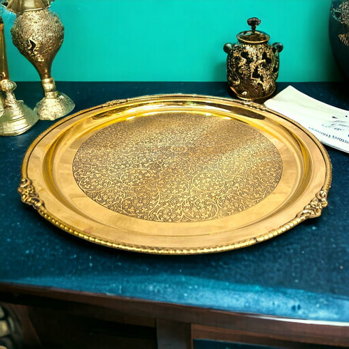 Tamas Brass Handmade Round Traditional Vintage Floral Serving Tray