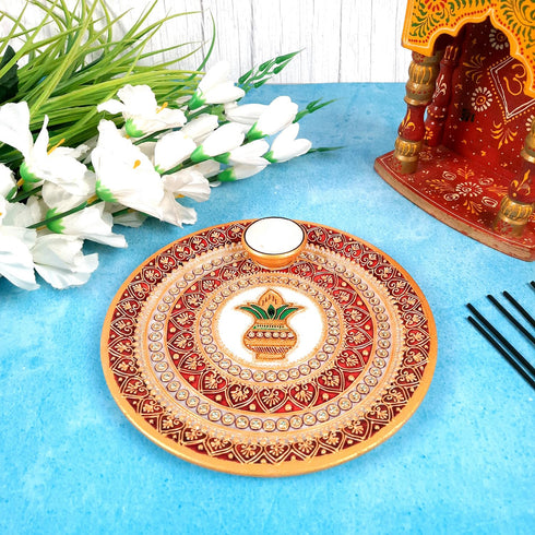 Designer Pooja Plate with Green and White Stones