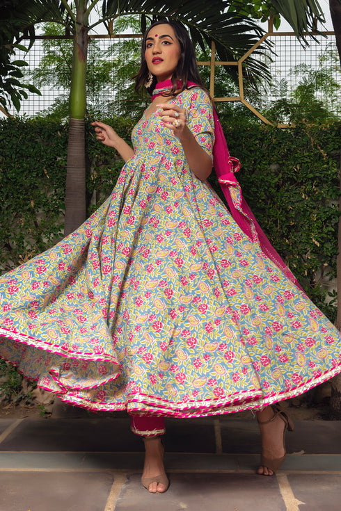 Pomcha Jaipur Jaipuri Hand Block Cotton Anarkali Set With Soft Net Dupatta