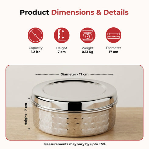 Vinod Stainless Steel Hammered Puri Dabba Set of 4 Capacity 1200 ml 1500 ml 2100 ml 2500 ml Heavy Gauge Steel Airtight Lids and Rust Free