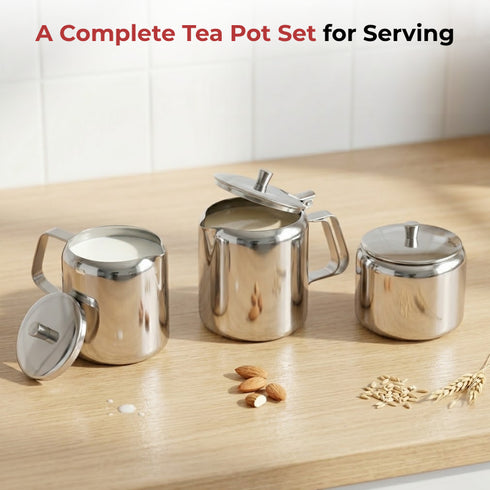 Vinod Stainless Steel 3 Pieces Jumbo Tea Set 1400 ml Tea Pot 250 ml Milk Pot and 250 ml Sugar Pot Highest Grade Steel Mirror Finish Rust Free