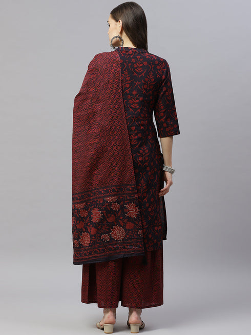 Miravan Womens Maroon Cotton Floral Print Straight Kurta Sharara And Dupatta Set