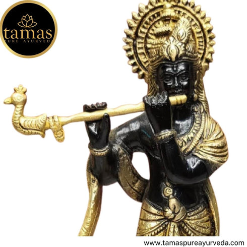 Tamas Brass Handcrafted Lord Krishna Murti Statue/ Idol with Antique Finish ( Black & Golden) (Pack of 1)
