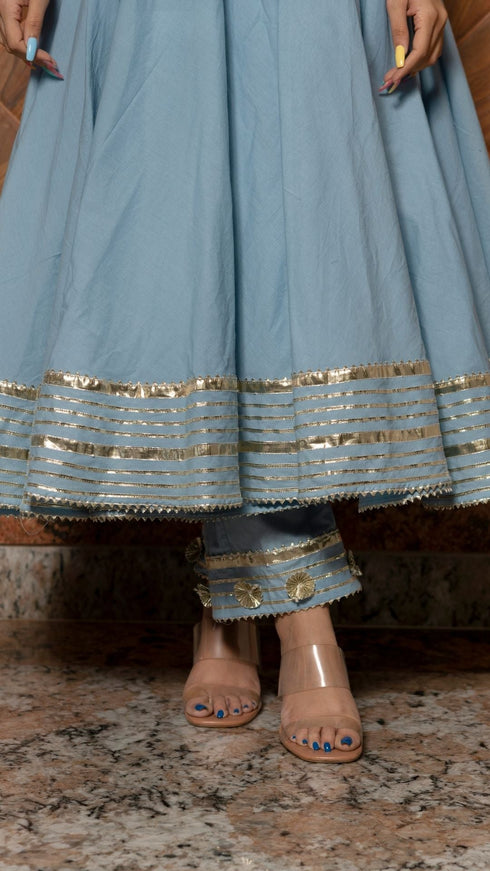 Pomcha Jaipur Powder Blue Pure Cotton Anarkali With Organza Dupatta Set