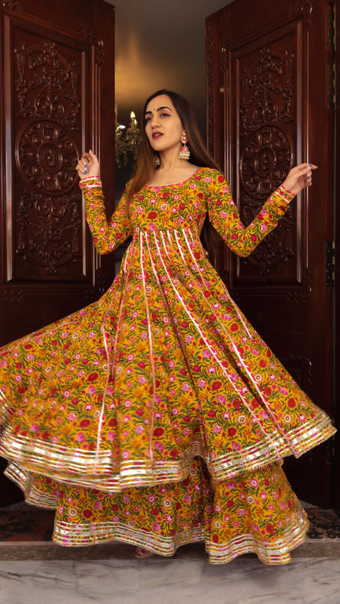 Pomcha Jaipur Yellow Cotton Hand Block Print Anarkali Plazo Set With Organza Dupatta