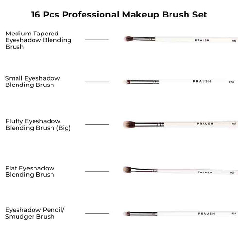 Praush 16 Pcs Professional Makeup Brush Set (Face + Eyes)