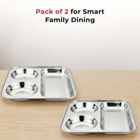 Vinod Stainless Steel 3 In 1 Compartment Plate with Round Edges Pav Bhaji Plate Idli Sambhar Plate Lunch Dinner Plate Pack of 2