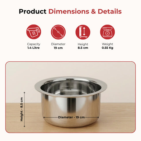 Vinod Stainless Steel Induction Friendly Flat Bottom Cooking Tope With 1.5mm Thickness 18 Gauge Durable Steel 3 Pcs Capacity 1400ml 1800ml and 2300ml No 11 to 13