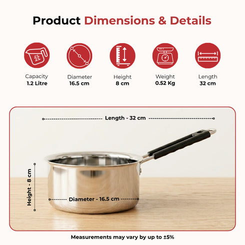 Vinod Stainless Steel Royal Saucepan with Long Side Handle 1250 ml Capacity No 10 Rust Free Dishwasher Safe and Induction Friendly