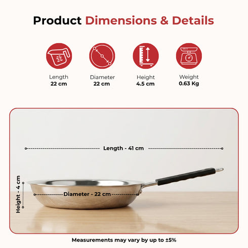 Vinod Stainless Steel Heavy Bottom Royal Fry Pan Dishwasher Safe Gas Stove and Induction Compatible Durable 22 Cm Frying Pan Soft Touch Handle Kitchen Utensil