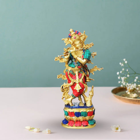 Brass Krishna Stone Idol 3.37Kg