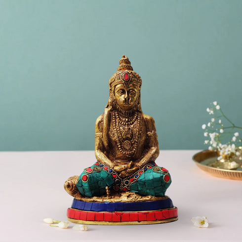 Brass Hanuman With Turquoise Coral Statue 1.63Kg
