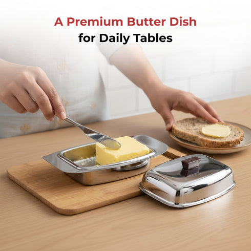 Vinod Stainless Steel Butter Dish With Butter Knife and Lid Highest Grade Steel Build Rust Free Finish And Dishwasher Safe Design