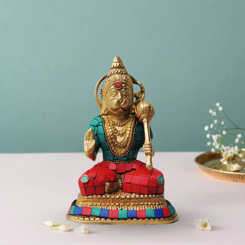 Brass Hanuman With Turquoise Coral Statue 1.346Kg