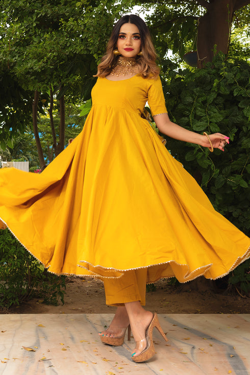 Pomcha Jaipur Rosemarry Yellow Cotton Anarkali Set With Cotton Lahariya Dupatta