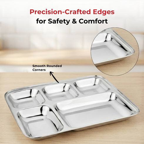 Vinod Stainless Steel 5 Compartment Plate with Square Edges Lunch and Dinner Plate Bhojan Thali High Quality Steel Rust Free Pack of 2