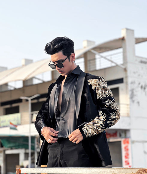 Kzari Handcrafted Embroidered Silk Blazer with Pants