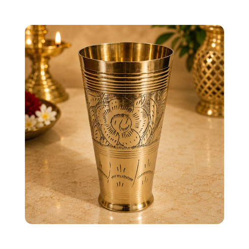 Pure Brass Flora Design Lassi Glass | Pack of 4