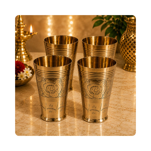 Pure Brass Flora Design Lassi Glass | Pack of 4