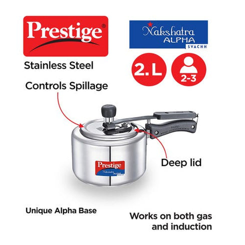 Prestige Nakshatra Alpha Svachh Stainless Steel Spillage Control Pressure Cooker Silver 5 L