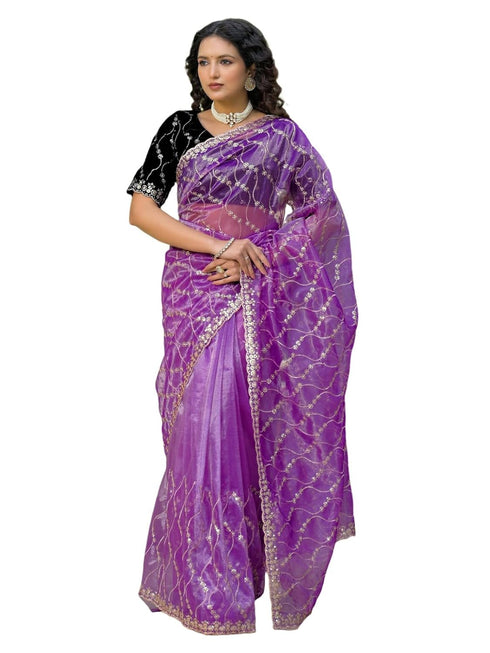 Vasthrlay Embroidery Scalloped Unstitched Navy Blue Saree