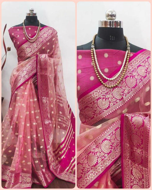 Vasthrlay Organza Golden Traditional Pinkpink