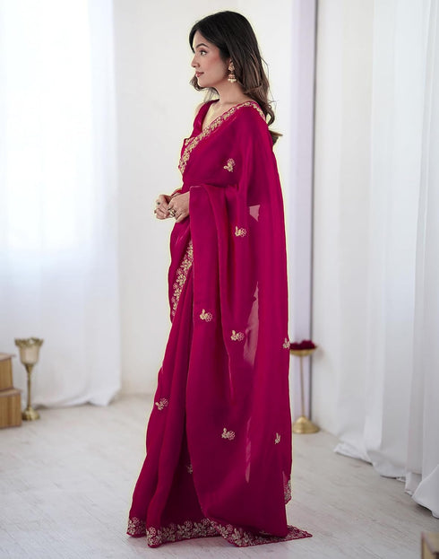 Vasthrlay Scalloped Embroidery Unstitched Rani Pink Saree