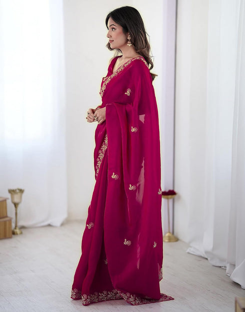 Vasthrlay Scalloped Embroidery Rani Pink Saree With Unstitched Blouse Piece