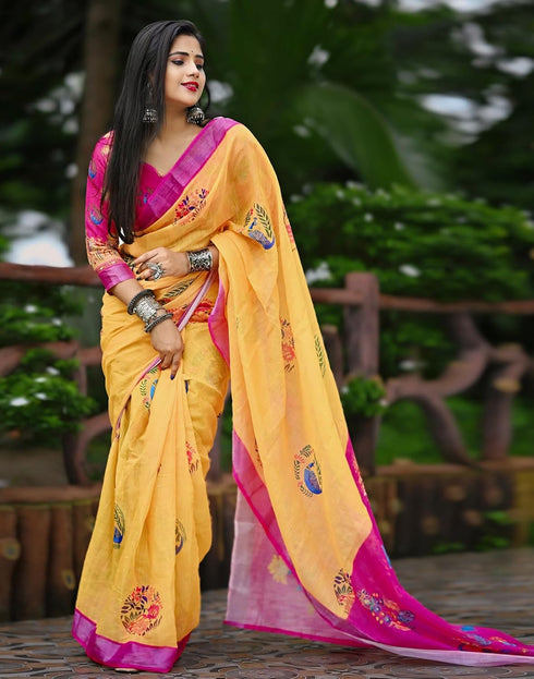 Vasthrlay Chanderi Printed Unstitched Blue Saree