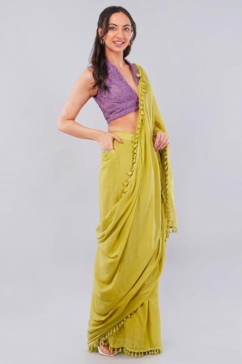 Vasthrlay Womens Mustard Green Cotton Ready To Wear Saree