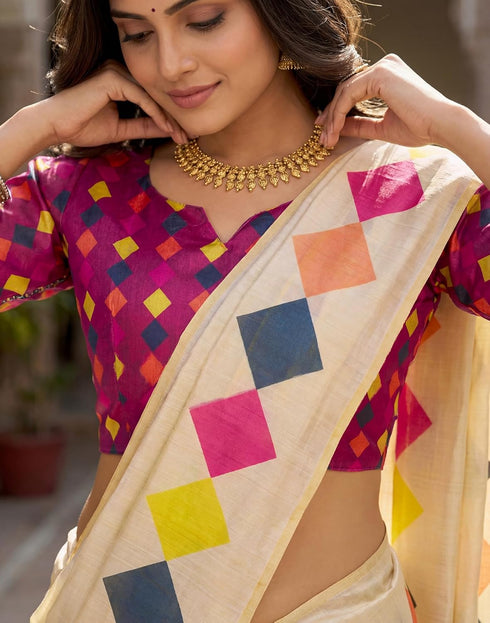 Vasthrlay Chanderi Printed Unstitched Beige Saree