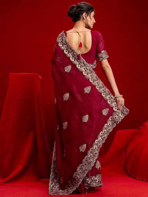 Vasthrlay Scalloped Embroidery Maroon Saree