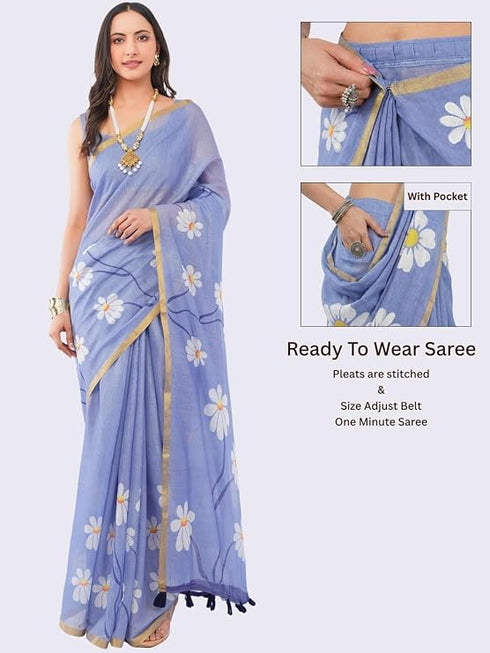 Vasthrlay Blue1 Womens Ready To Wear One Minute Linen Fabric Saree