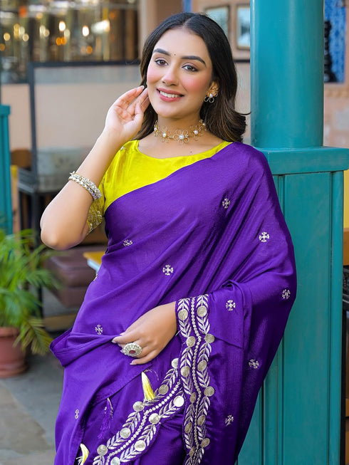 Vasthrlay Chinnon Embroidery Lime Saree