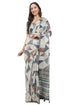 Vasthrlay Womens Off White 4 Botanical Printed Linen Saree With Self Woven Border And Unstitched Blouse Piece