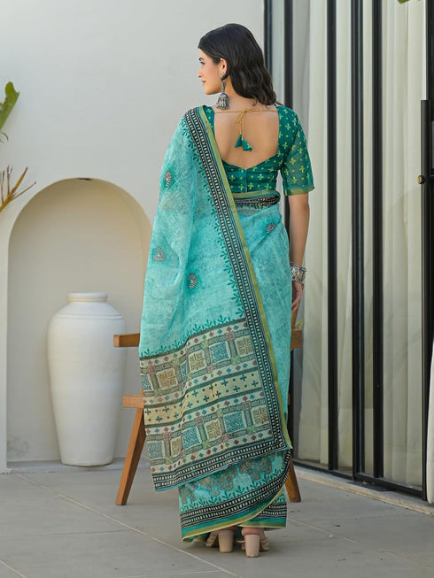 Vasthrlay Bandhani Embroidery Unstitched White Saree