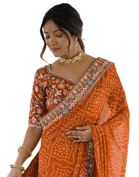 Vasthrlay Georgette Bandhani Orange Saree With Unstitched Blouse Piece