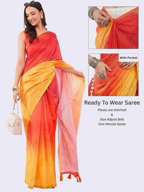 Vasthrlay Women'S Red Yellow Chevron Printed Linen Saree