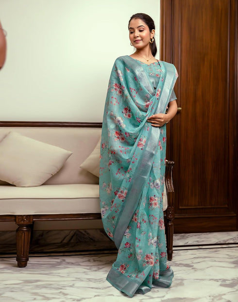 Vasthrlay Womens Printed Unstitched White Saree