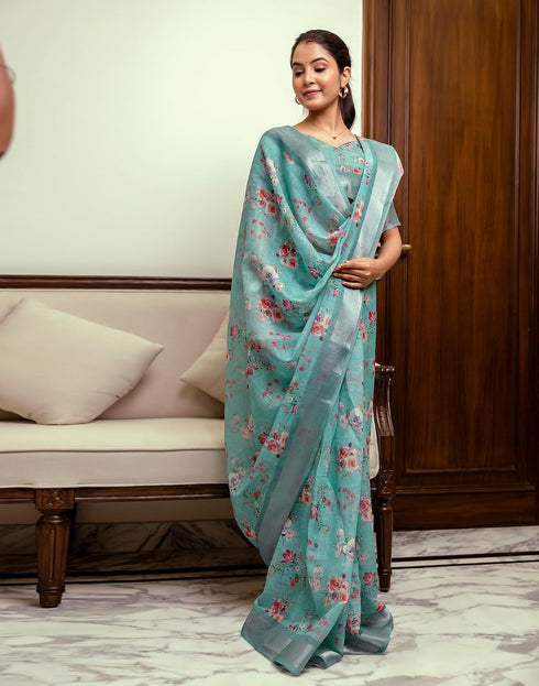Vasthrlay Womens Printed Light Blue Saree With Unstitched Blouse Piece