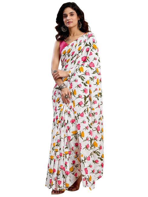 Vasthrlay Womens Printed Unstitched White Saree