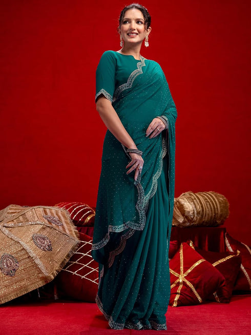 Vasthrlay Georgette Scalloped Navy Navy Blue Saree