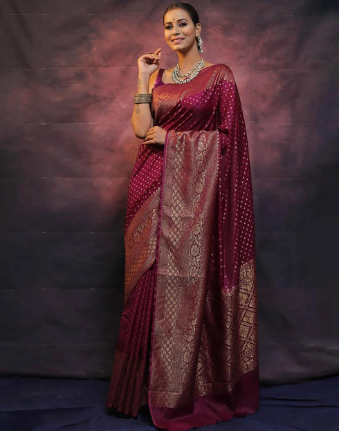 Vasthrlay Banarasi Kanjivaram Wine Saree With Unstitched Blouse Piece